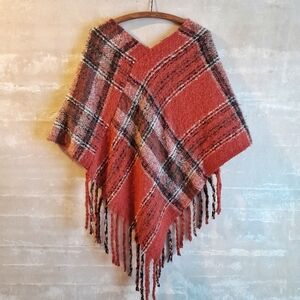 234a. dark orange plaid soft fuzzy poncho with fringe, One Size